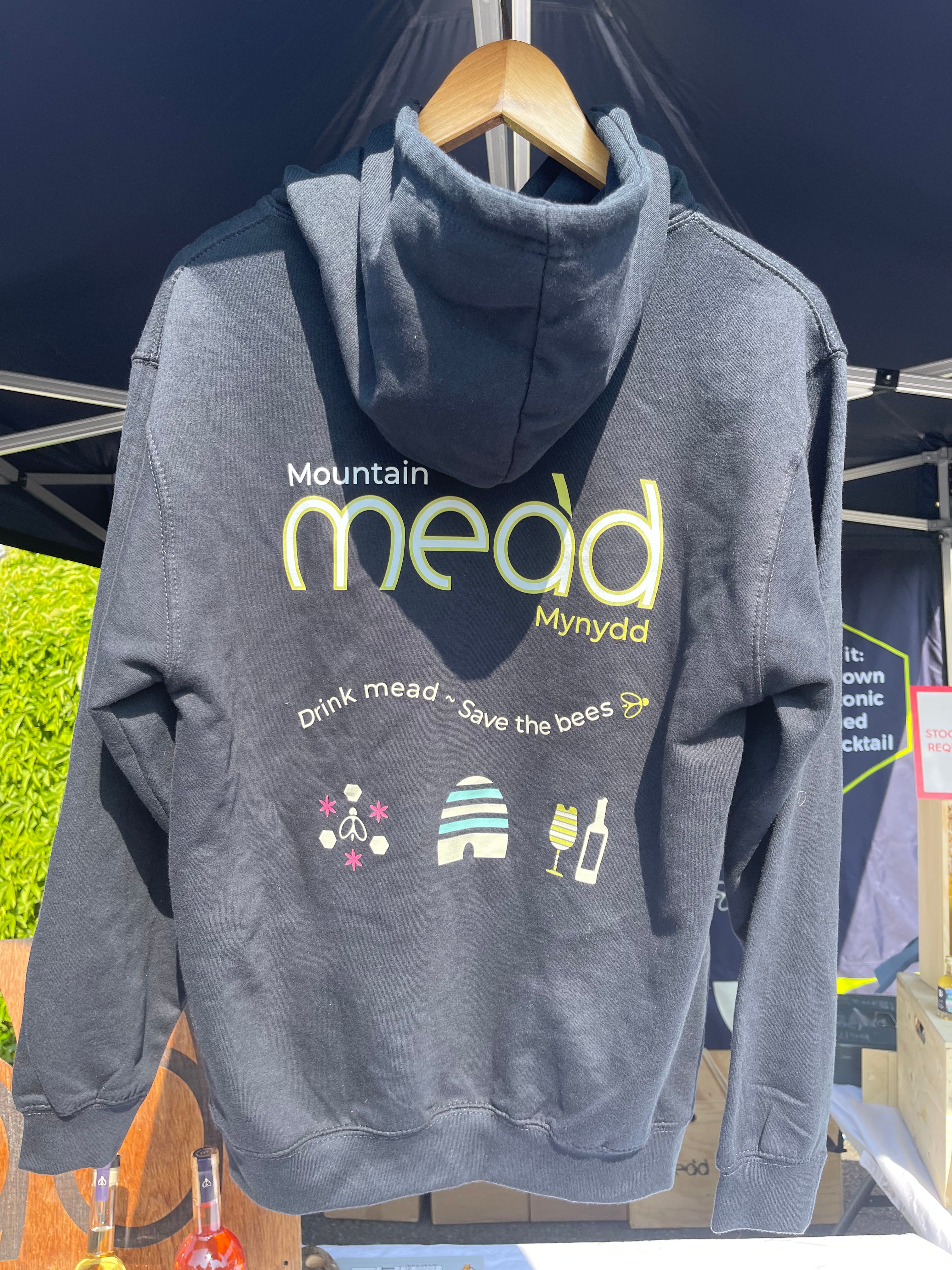 Mountain Mead branded hoody with logo and "Drink Mead Save The Bees" written on the back