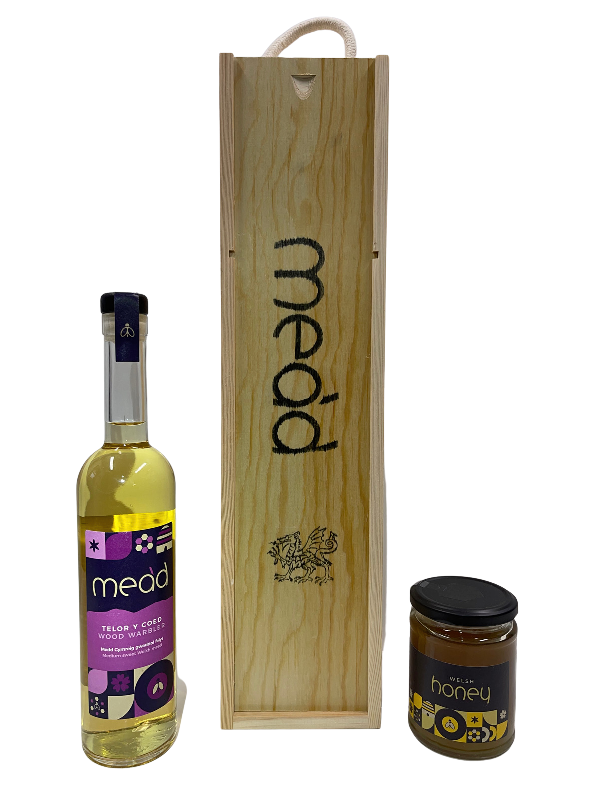 Medium Sweet Welsh Mead With Jar of Honey in a Wooden Gift Box: Telor Y Coed - Wood Warbler 500ml