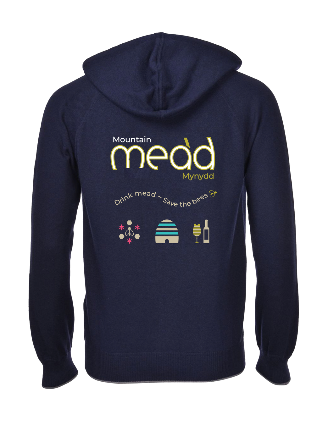Mountain Mead branded hoody with logo and "Drink Mead Save The Bees" written on the back